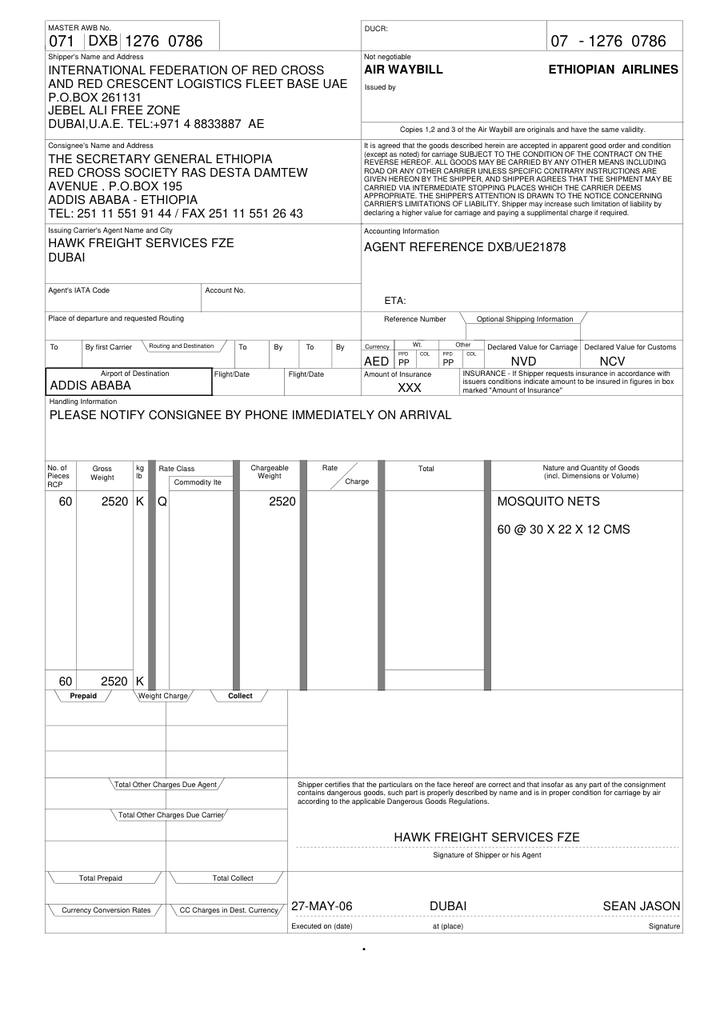 Sample Ethiopian Airlines master air waybill